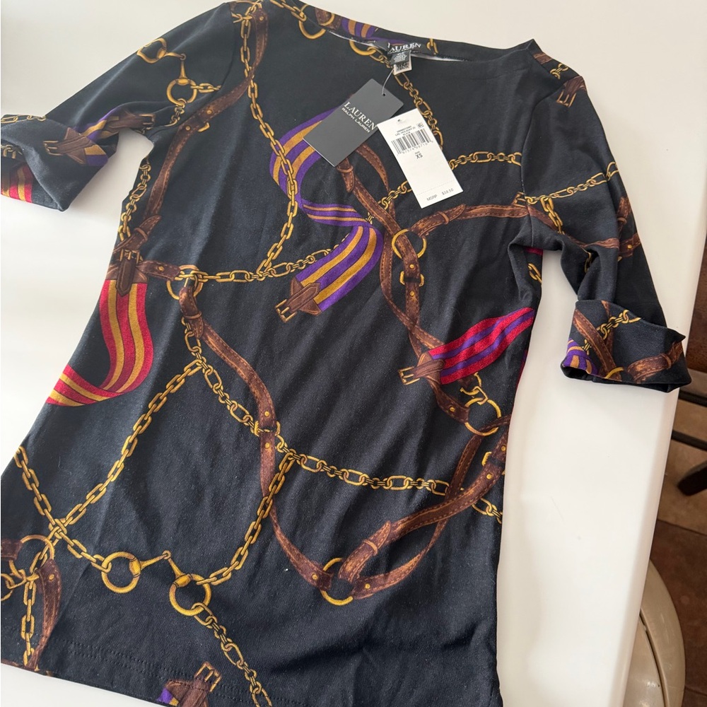 Ralph Lauren Black Tee with Gold Chains and Purple Accents